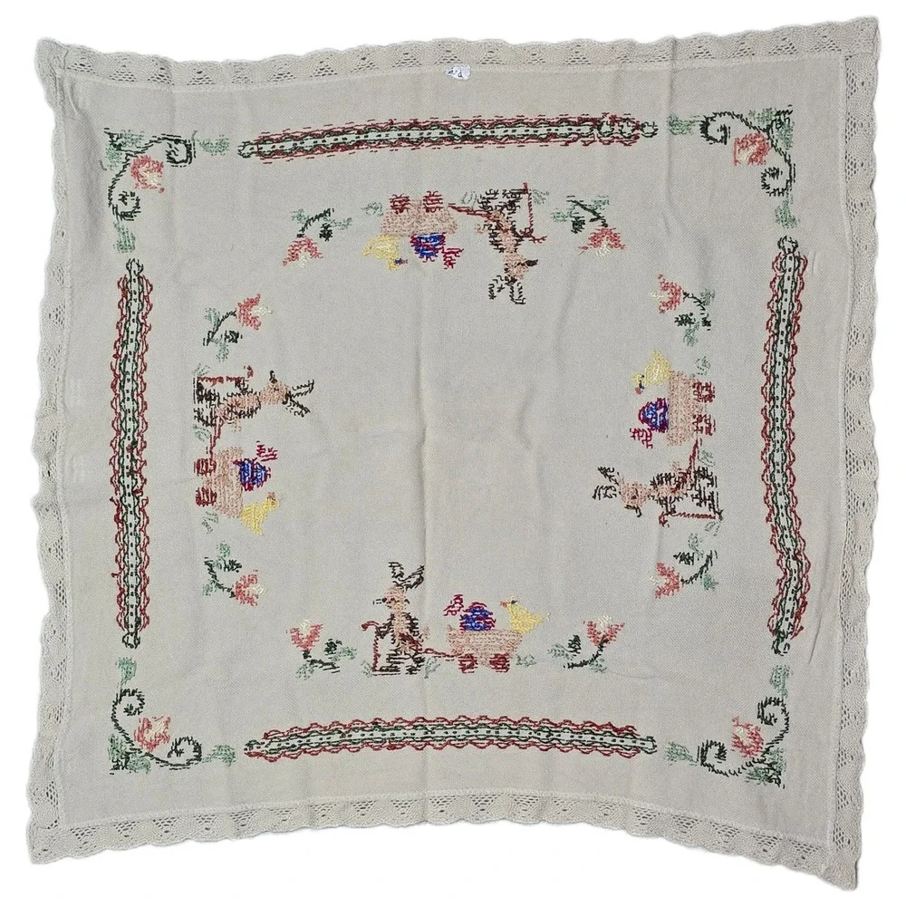 Vintage Handmade Embroidered Donkey Cart Floral Tablecloth Cottagecore Decor (V)